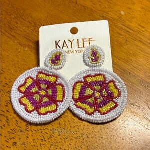 Kay Lee Beaded Earrings with Pink and Yellow Design